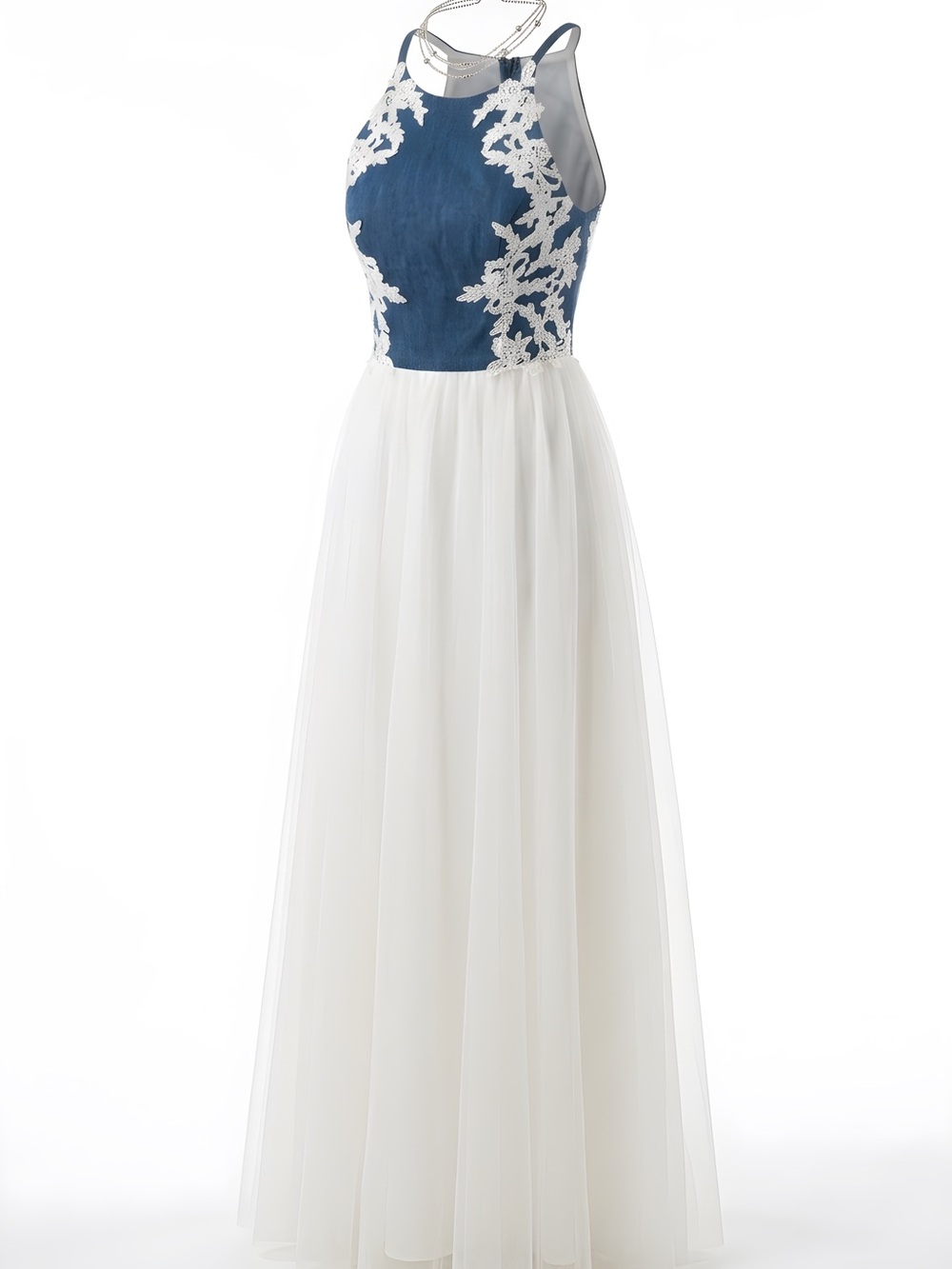 Blondie Nites Blue and White Lace Halter Prom Gown